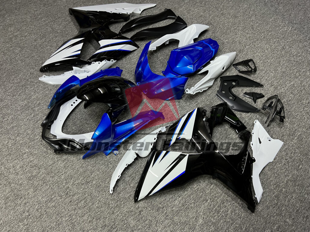 Suzuki GSXR 1000 custom ABS fairings 2009 - 2016 in Gloss Blue & Black With White - durable replacement kit, Monster Fairings