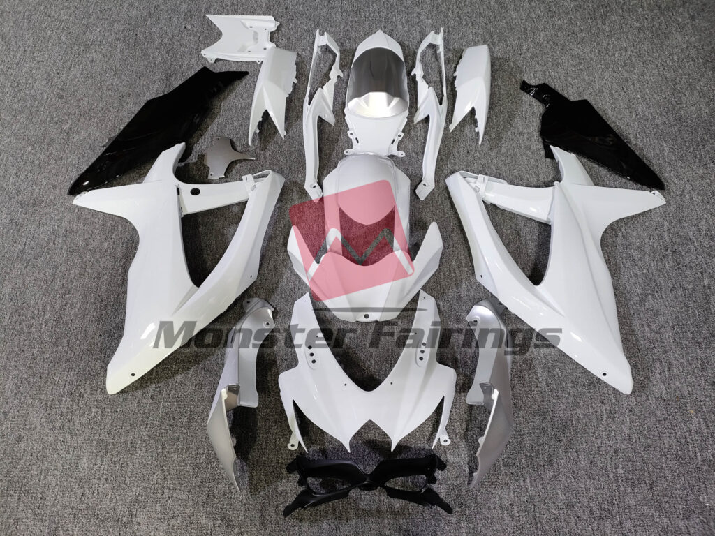Suzuki GSXR 600 - 750 2008 - 2010 Shining Gloss White with Silver ABS fairings - custom motorcycle bodywork kit by Monster Fairings