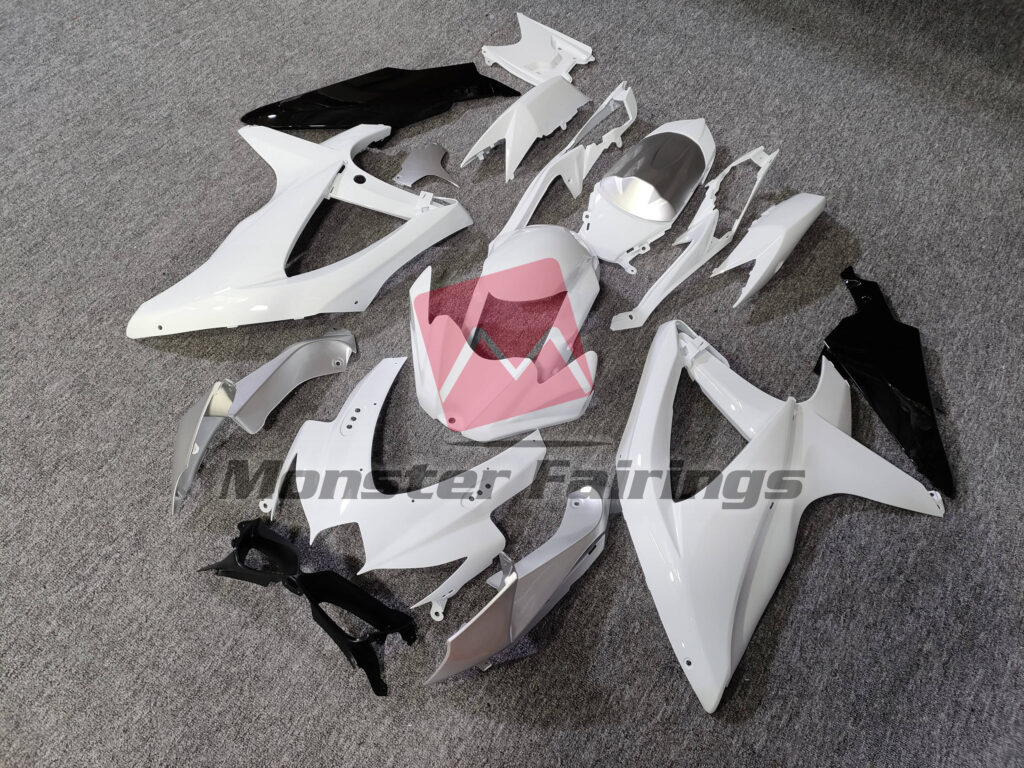 Suzuki GSXR custom ABS fairings 2008 - 2010 in Shining Gloss White with Silver - durable replacement kit, Monster Fairings
