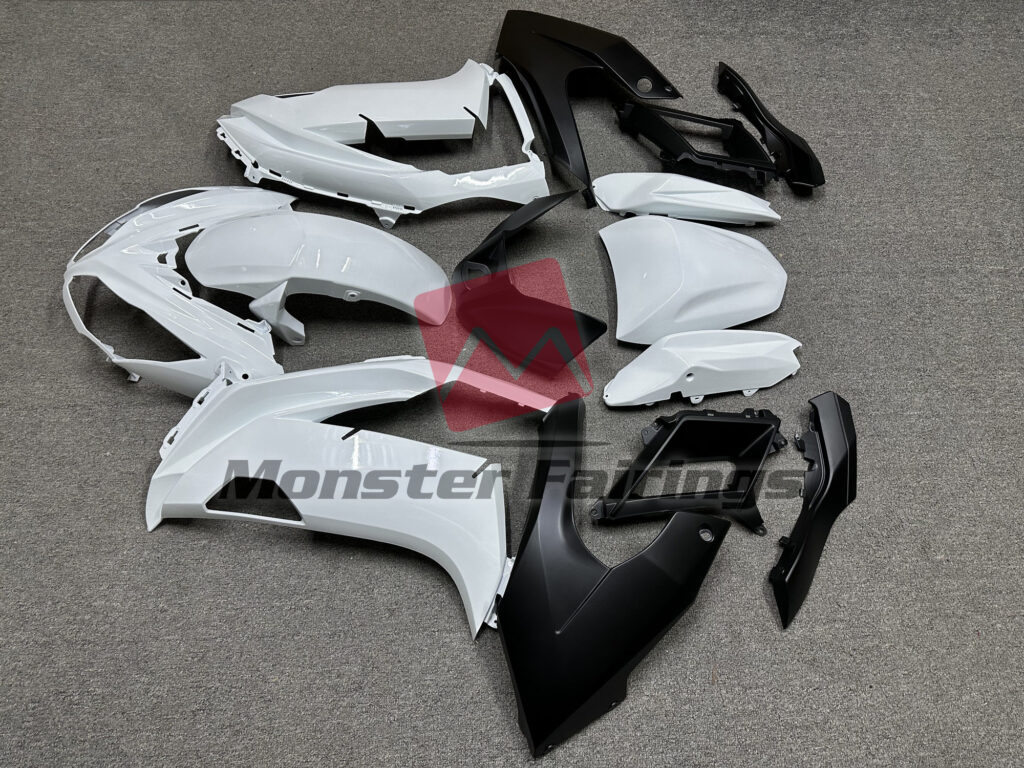 2012 - 2016 Kawasaki Ninja 650R Gloss Black & White fairing set - ABS injection, custom painted by Monster Fairings
