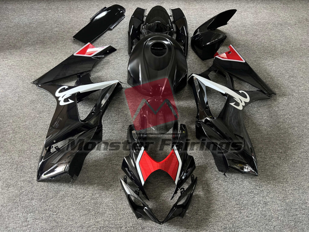Suzuki GSXR 1000 2007 - 2008 Gloss Black with Red ABS fairings - custom motorcycle bodywork kit by Monster Fairings
