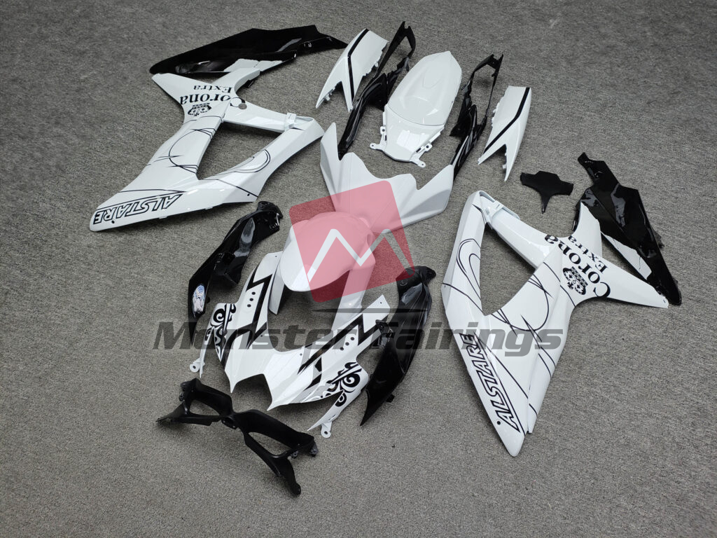 2008 - 2010 Suzuki GSXR Gloss White & Black Corona fairing set - ABS injection, custom painted by Monster Fairings