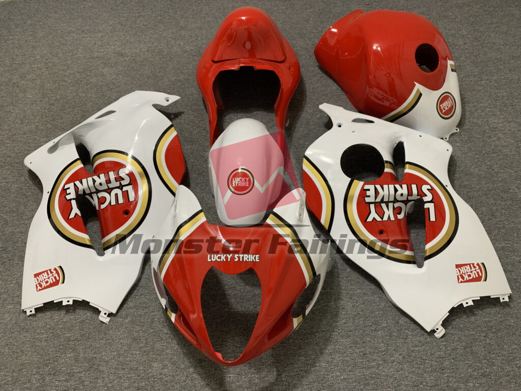 Suzuki GSXR 1300 1997 - 2007 Gloss Red & White Lucky Strike ABS fairings - custom motorcycle bodywork kit by Monster Fairings