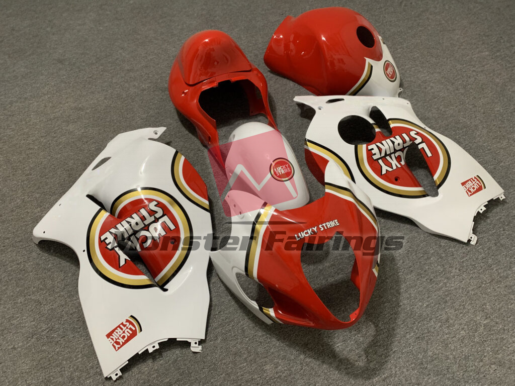 Suzuki GSXR 1300 custom ABS fairings 1997 - 2007 in Gloss Red & White Lucky Strike - durable replacement kit, Monster Fairings