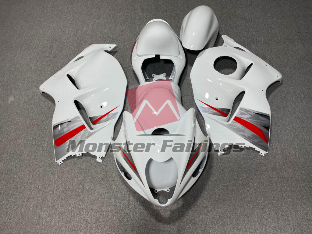 Suzuki GSXR 1300 1997 - 2007 Gloss White, Red & Silver ABS fairings - custom motorcycle bodywork kit by Monster Fairings