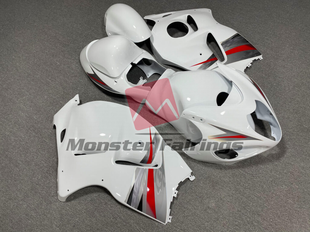 Suzuki GSXR 1300 custom ABS fairings 1997 - 2007 in Gloss White, Red & Silver - durable replacement kit, Monster Fairings