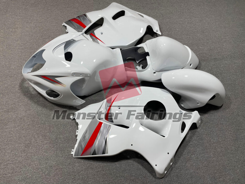 1997 - 2007 Suzuki GSXR 1300 Gloss White, Red & Silver fairing set - ABS injection, custom painted by Monster Fairings