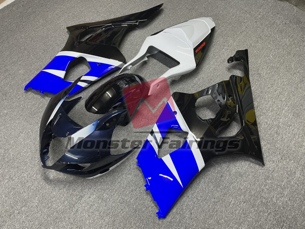 Suzuki GSXR 1000 custom ABS fairings 2003 - 2004 in Gloss Blue Black & White - durable replacement kit, Monster Fairings