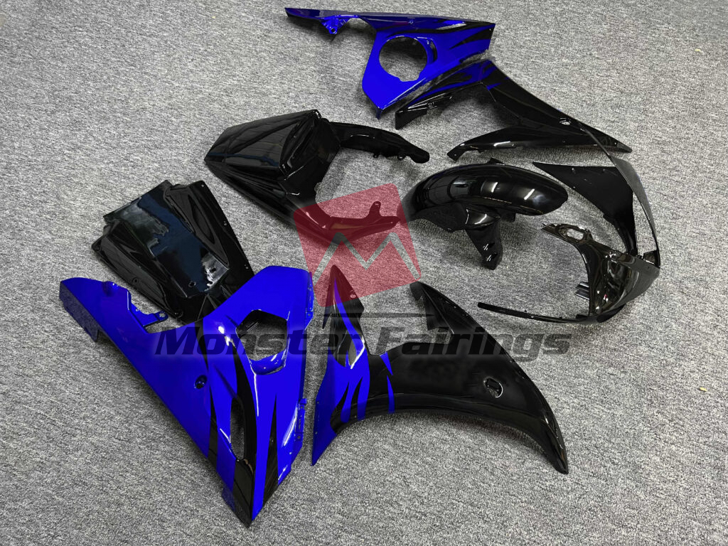 Yamaha R6 custom ABS fairings 2005 in Gloss Black & Blue - durable replacement kit, Monster Fairings