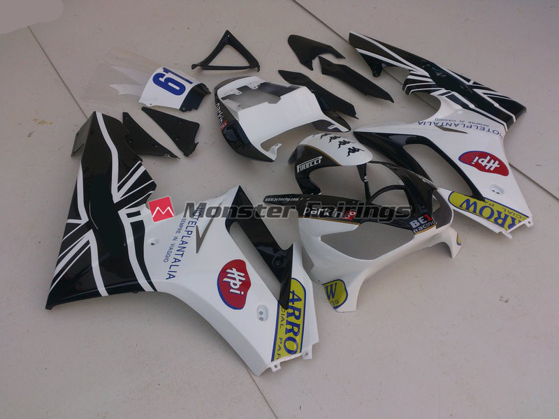 Triumph Daytona 675 2006 - 2008 White and Black with Flag ABS fairings - custom motorcycle bodywork kit by Monster Fairings