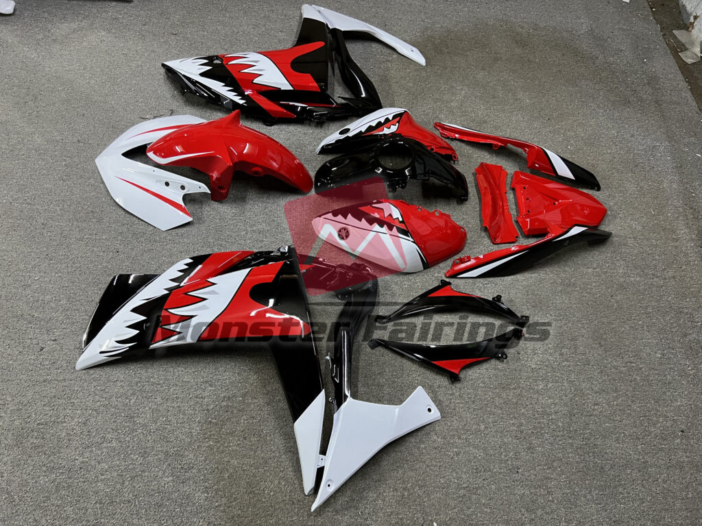 2014 - 2018 Yamaha R3 Red and White Shark fairing set - ABS injection, custom painted by Monster Fairings