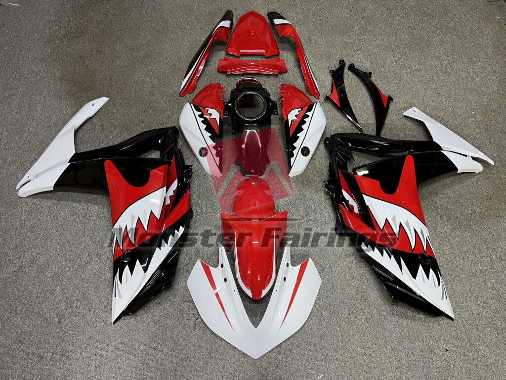 Yamaha R3 2014 - 2018 Red and White Shark ABS fairings - custom motorcycle bodywork kit by Monster Fairings