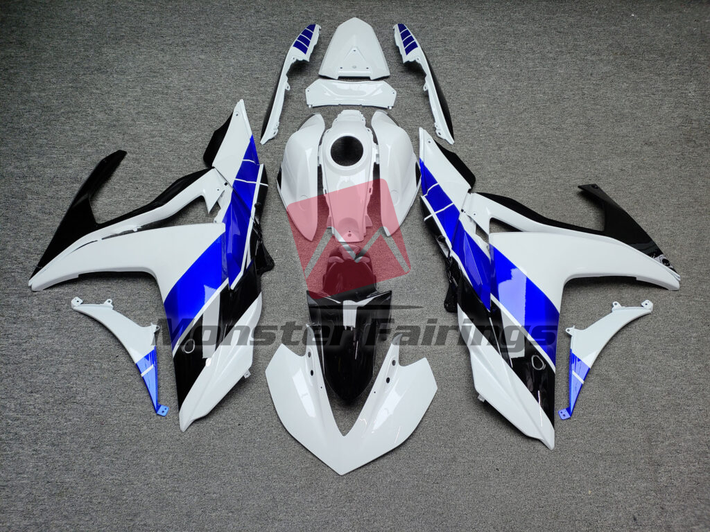 Yamaha R3 2014 - 2018 Gloss White & Black with Blue ABS fairings - custom motorcycle bodywork kit by Monster Fairings