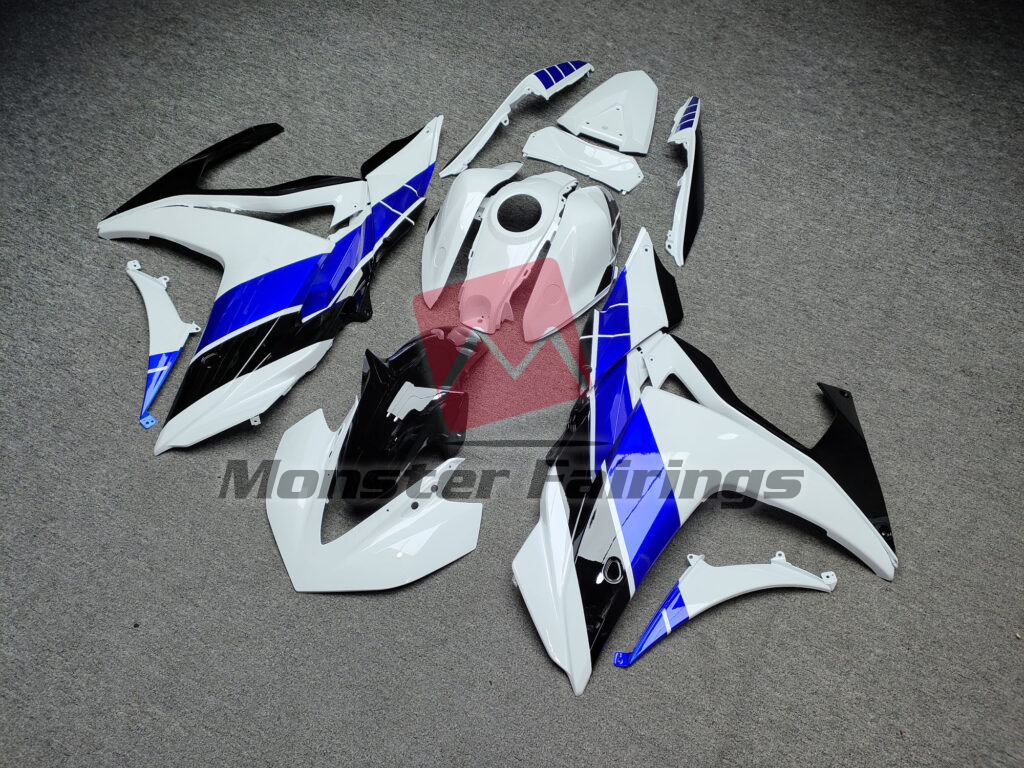 2014 - 2018 Yamaha R3 Gloss White & Black with Blue fairing set - ABS injection, custom painted by Monster Fairings