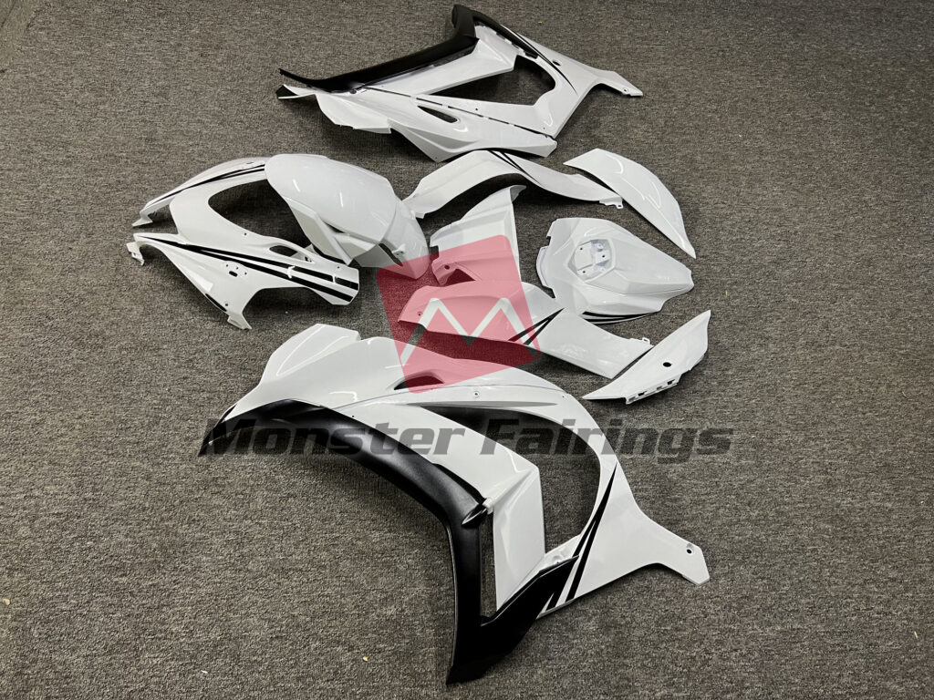 2016 - 2020 Kawasaki ZX10R Gloss White with Black fairing set - ABS injection, custom painted by Monster Fairings