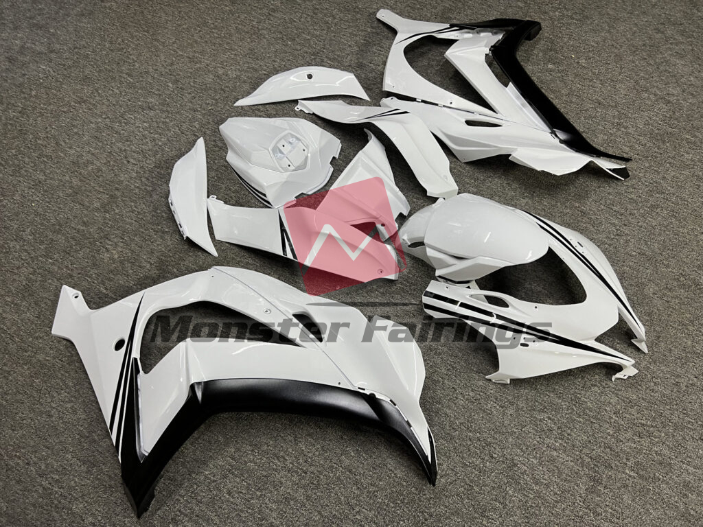 Kawasaki ZX10R custom ABS fairings 2016 - 2020 in Gloss White with Black - durable replacement kit, Monster Fairings