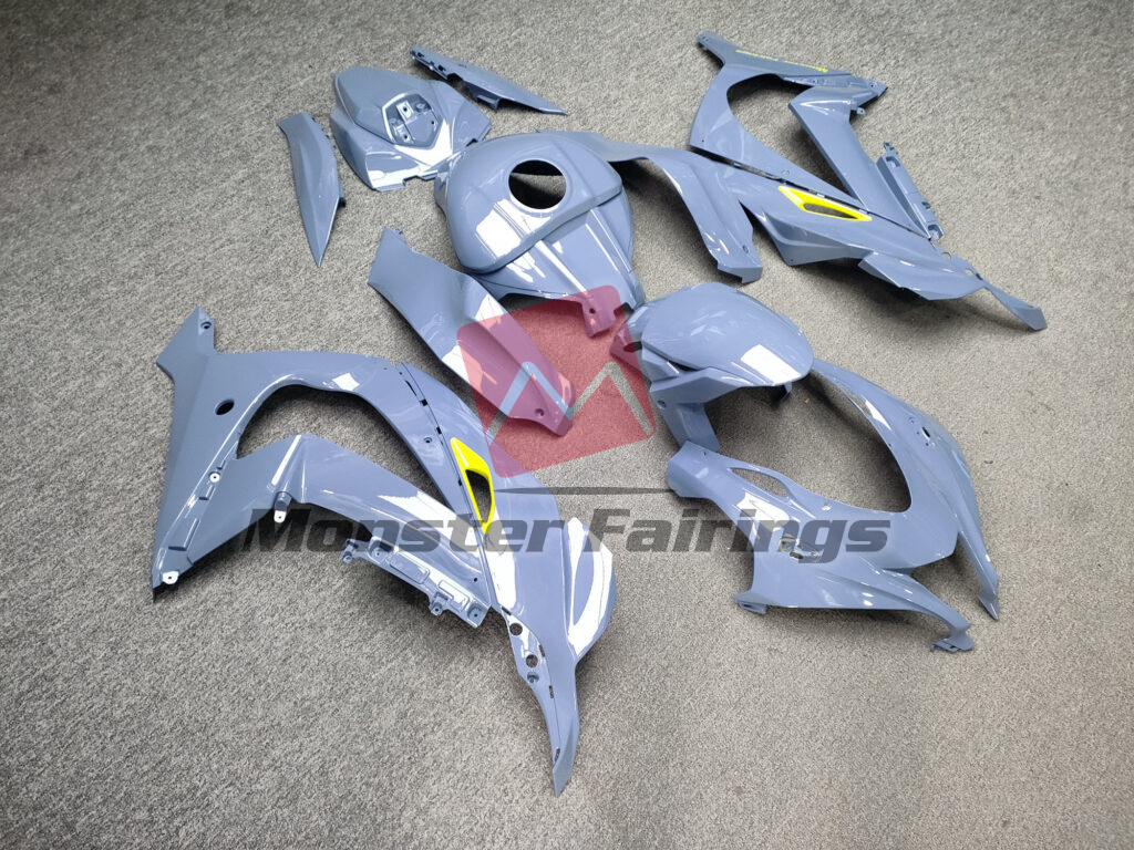 Kawasaki ZX10R custom ABS fairings 2016 - 2020 in Gloss Nardo Gray with High Vis Yellow - durable replacement kit, Monster Fairings