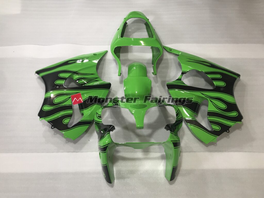 Kawasaki ZX6R 2000 - 2002 Gloss Green with Black Flame ABS fairings - custom motorcycle bodywork kit by Monster Fairings