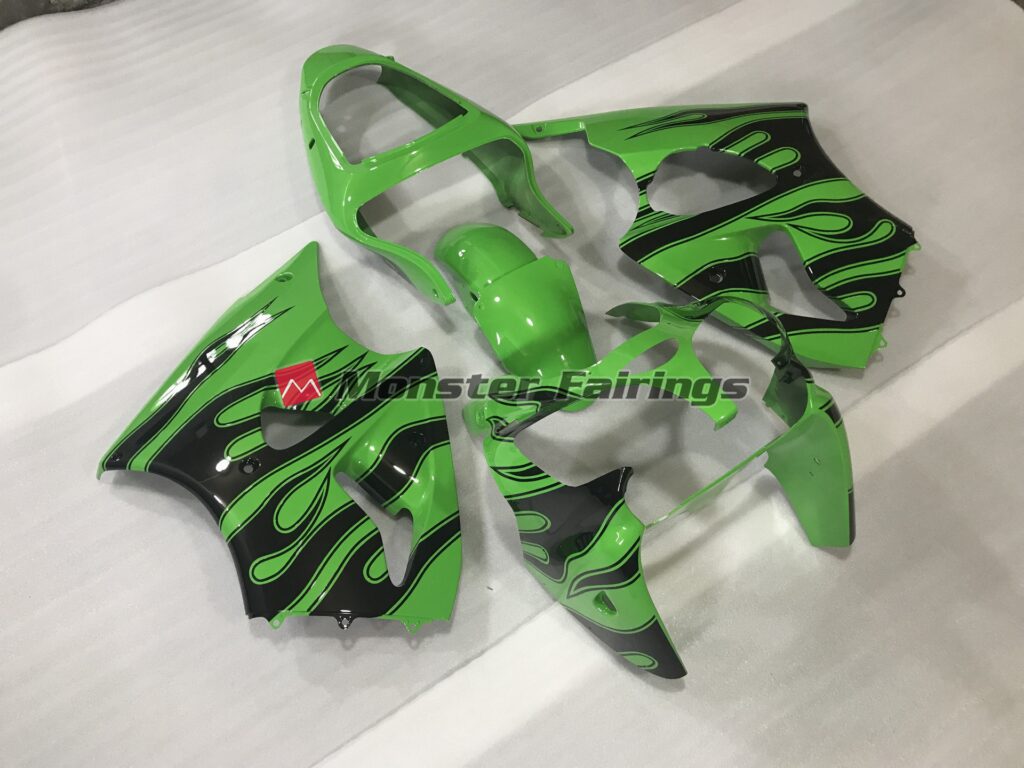 Gloss Green with Black Flame ABS fairings for Kawasaki ZX6R 2000 - 2002 - premium OEM fit kit by Monster Fairings