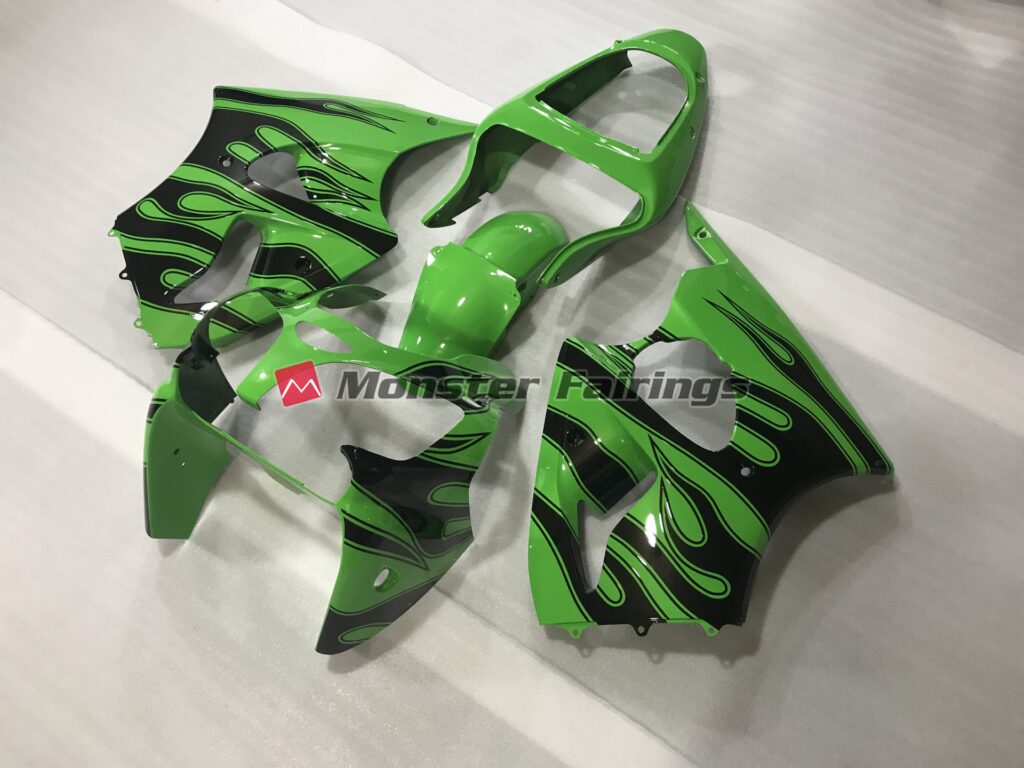 Kawasaki ZX6R custom ABS fairings 2000 - 2002 in Gloss Green with Black Flame - durable replacement kit, Monster Fairings