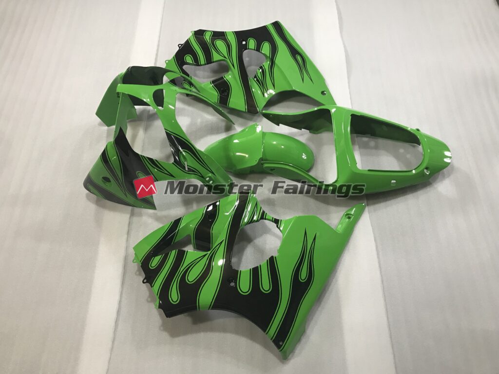 2000 - 2002 Kawasaki ZX6R Gloss Green with Black Flame fairing set - ABS injection, custom painted by Monster Fairings