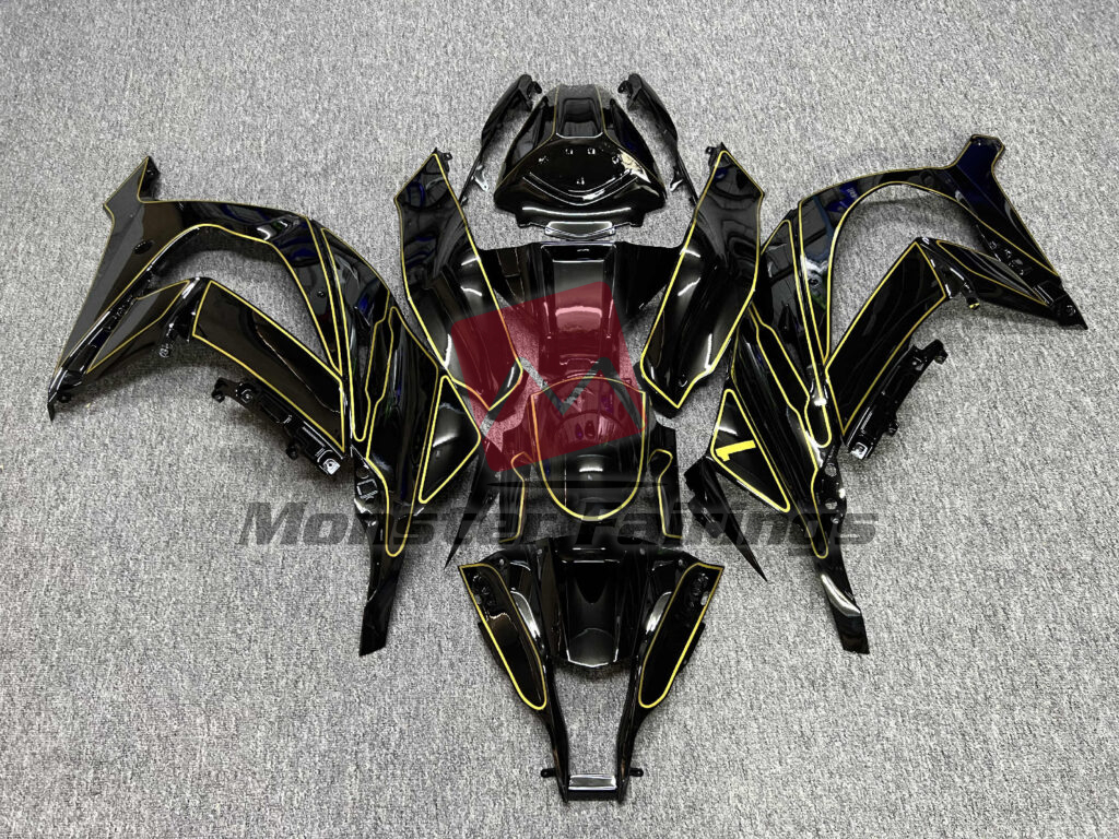 Kawasaki ZX10R 2011 - 2015 Gloss Black with Gold ABS fairings - custom motorcycle bodywork kit by Monster Fairings