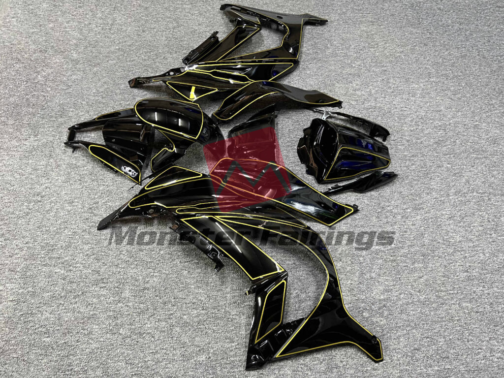 Kawasaki ZX10R custom ABS fairings 2011 - 2015 in Gloss Black with Gold - durable replacement kit, Monster Fairings