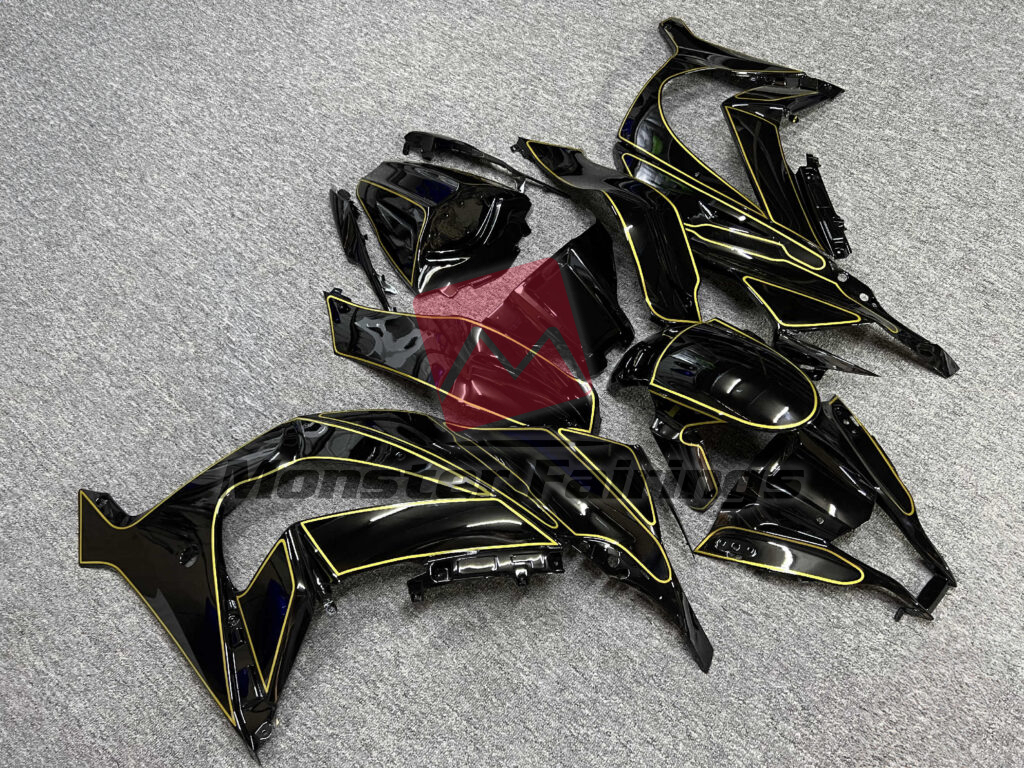 2011 - 2015 Kawasaki ZX10R Gloss Black with Gold fairing set - ABS injection, custom painted by Monster Fairings