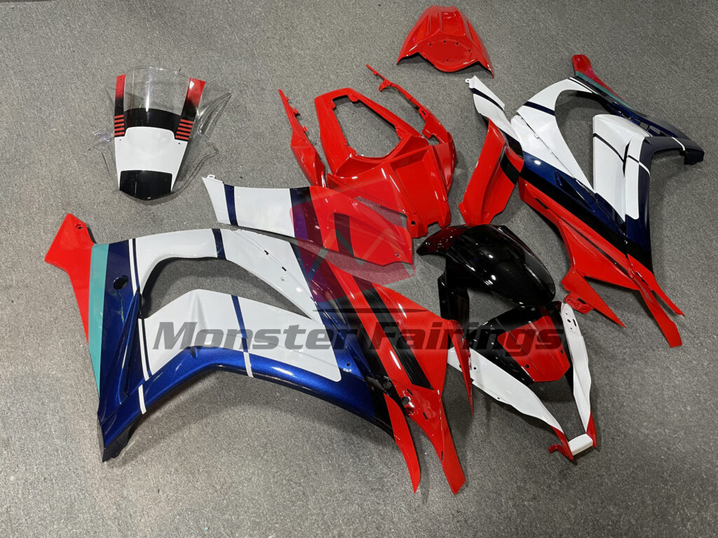 2011 - 2015 Kawasaki ZX10R Gloss Red & Black with White & Blue fairing set - ABS injection, custom painted by Monster Fairings