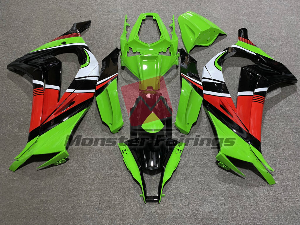 Kawasaki ZX10R 2011 - 2015 Gloss Green & Black with Red & White ABS fairings - custom motorcycle bodywork kit by Monster Fairings