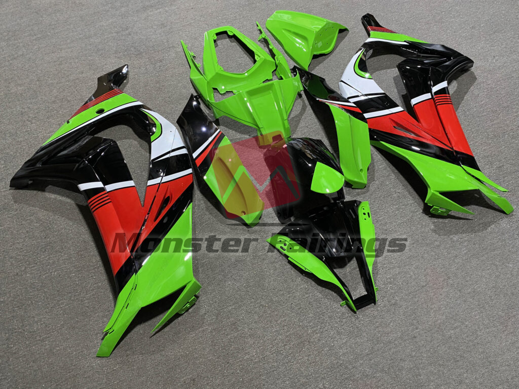 Kawasaki ZX10R custom ABS fairings 2011 - 2015 in Gloss Green & Black with Red & White - durable replacement kit, Monster Fairings
