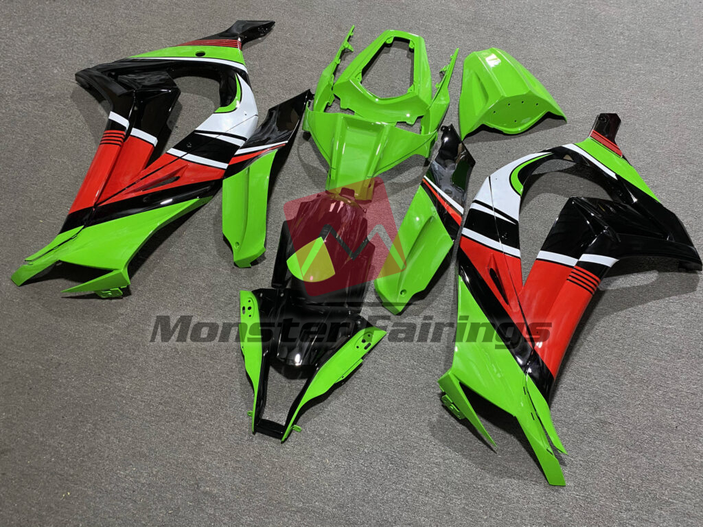 2011 - 2015 Kawasaki ZX10R Gloss Green & Black with Red & White fairing set - ABS injection, custom painted by Monster Fairings
