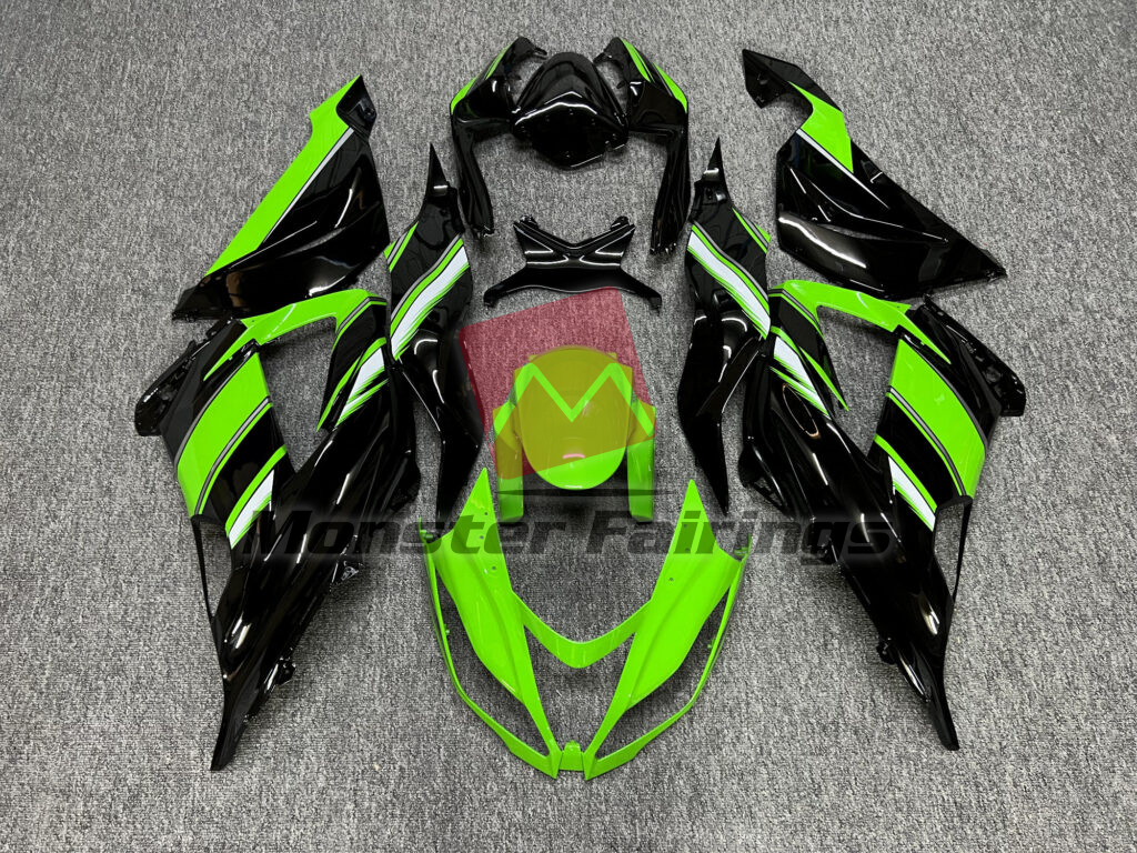Kawasaki ZX6R 2013 - 2018 Gloss Black with Green & White ABS fairings - custom motorcycle bodywork kit by Monster Fairings