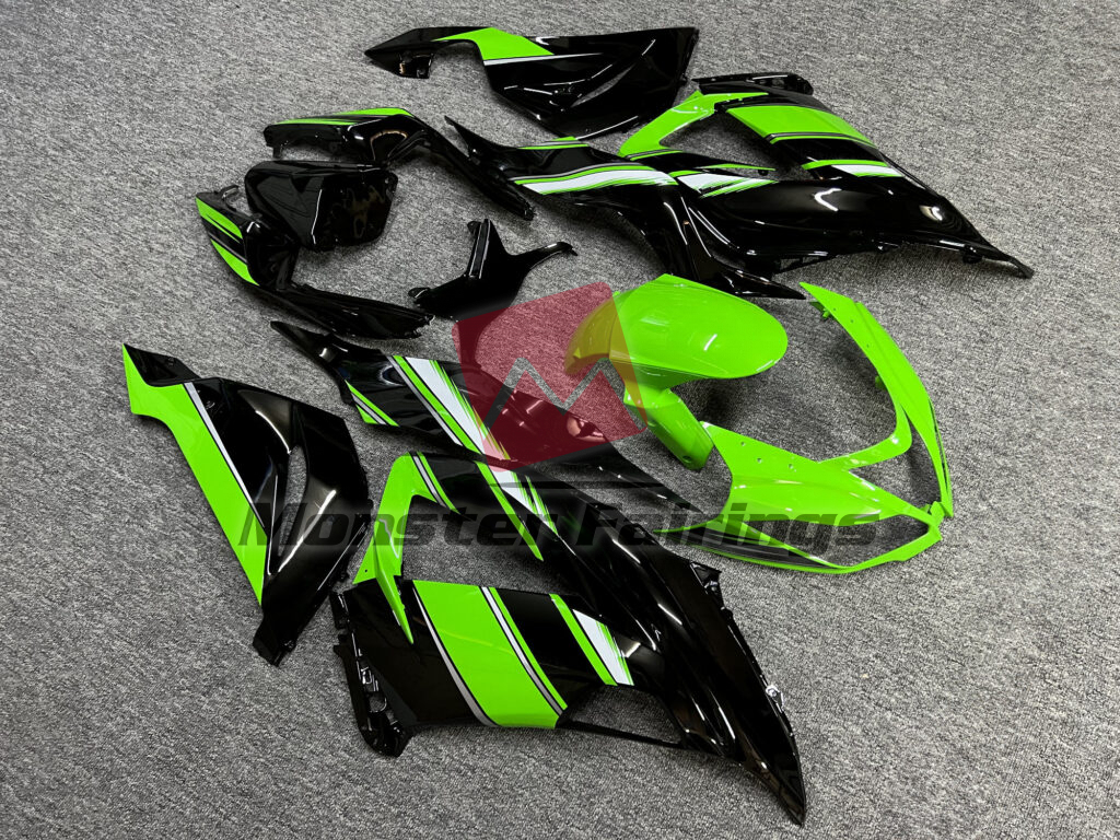 2013 - 2018 Kawasaki ZX6R Gloss Black with Green & White fairing set - ABS injection, custom painted by Monster Fairings