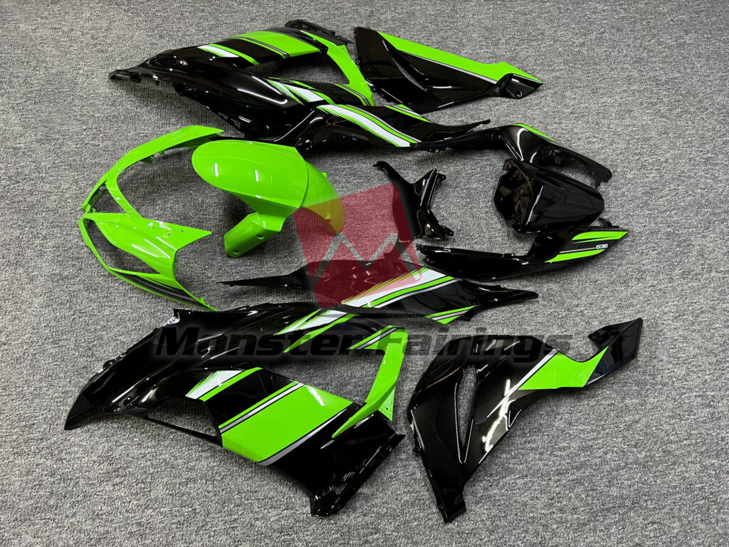 Kawasaki ZX6R custom ABS fairings 2013 - 2018 in Gloss Black with Green & White - durable replacement kit, Monster Fairings