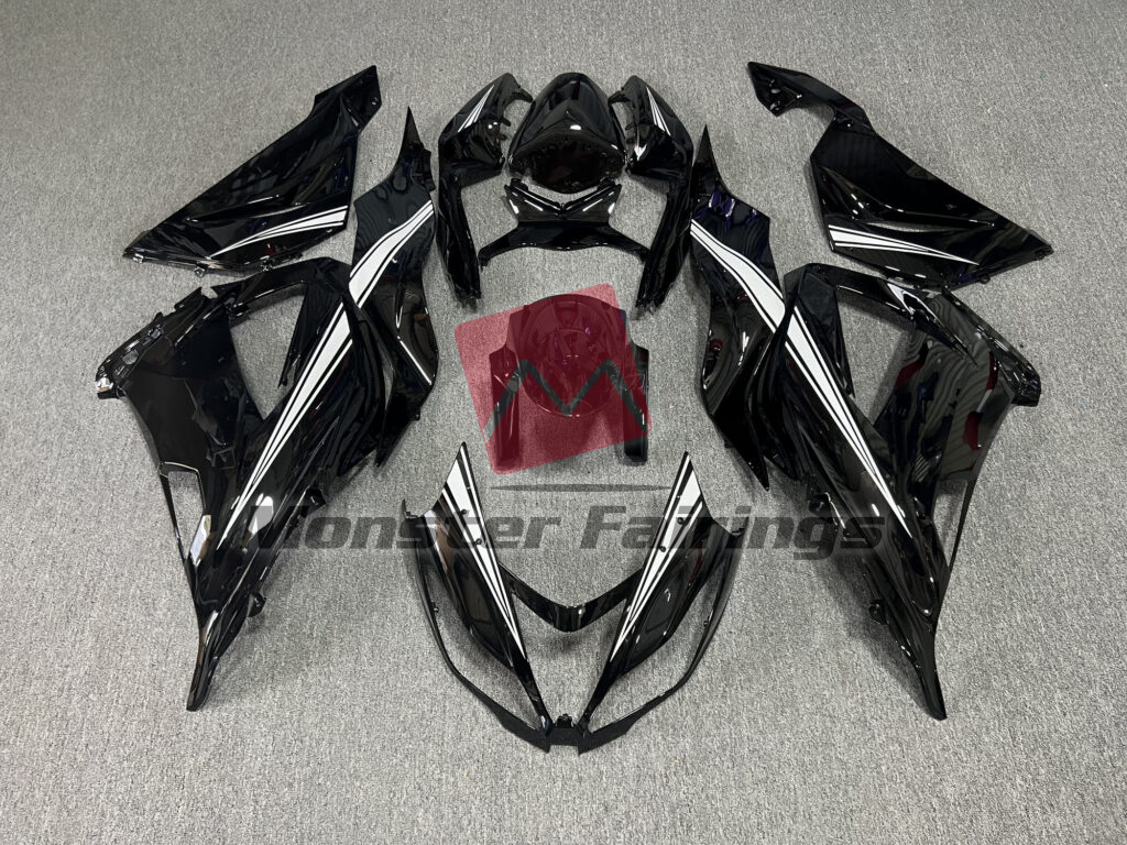 Kawasaki ZX6R 2013 - 2018 Gloss Black with White ABS fairings - custom motorcycle bodywork kit by Monster Fairings
