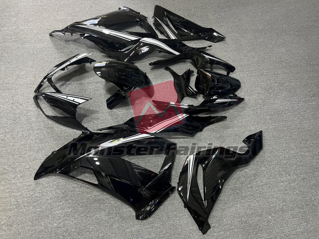 Kawasaki ZX6R custom ABS fairings 2013 - 2018 in Gloss Black with White - durable replacement kit, Monster Fairings
