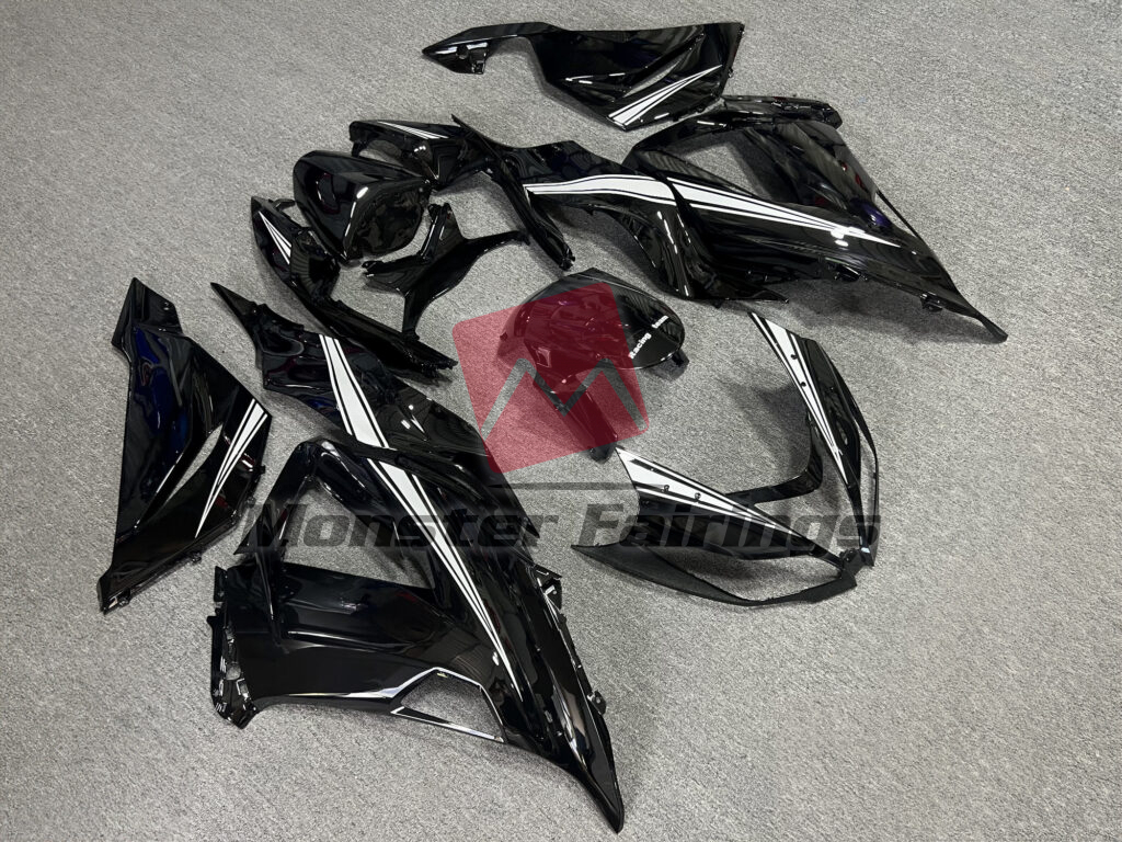 2013 - 2018 Kawasaki ZX6R Gloss Black with White fairing set - ABS injection, custom painted by Monster Fairings