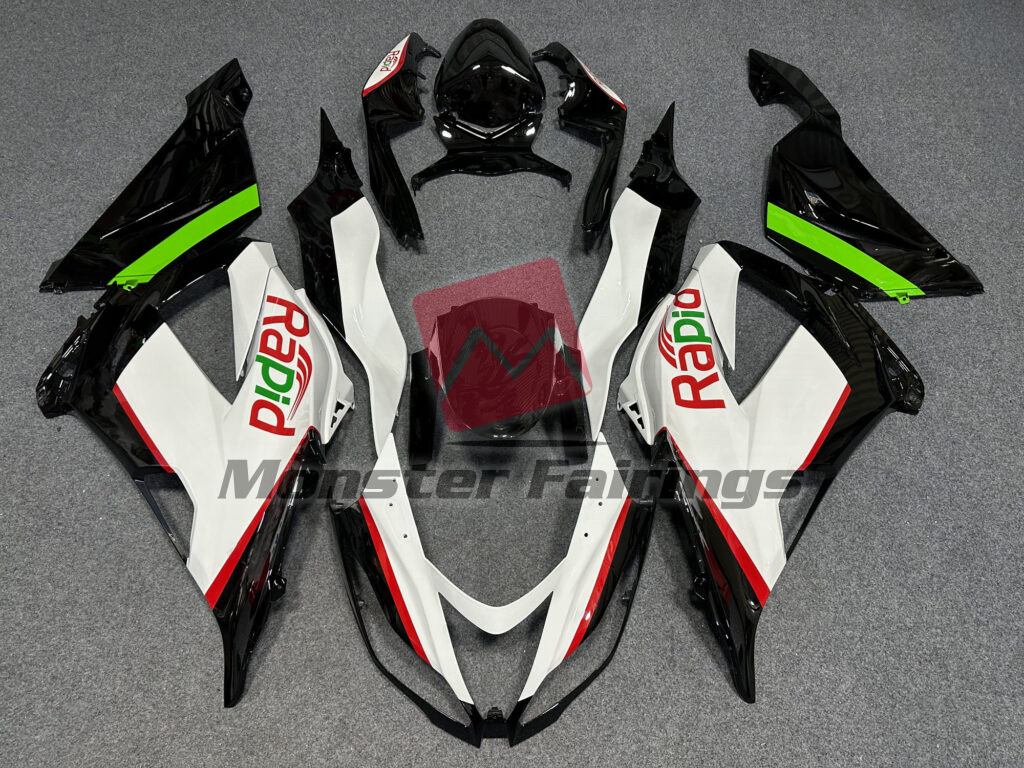 Kawasaki ZX6R 2013 - 2018 Gloss Black & White with Red & Green Rapid ABS fairings - custom motorcycle bodywork kit by Monster Fairings
