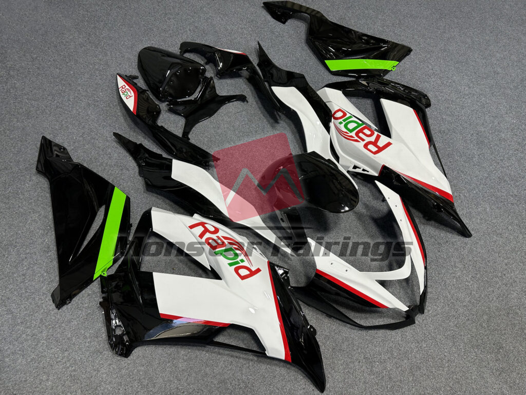 Gloss Black & White with Red & Green Rapid ABS fairings for Kawasaki ZX6R 2013 - 2018 - premium OEM fit kit by Monster Fairings