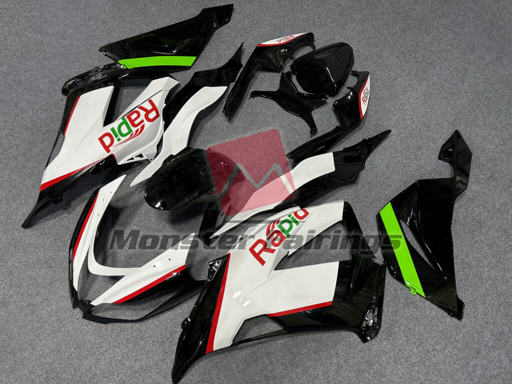 Kawasaki ZX6R custom ABS fairings 2013 - 2018 in Gloss Black & White with Red & Green Rapid - durable replacement kit, Monster Fairings