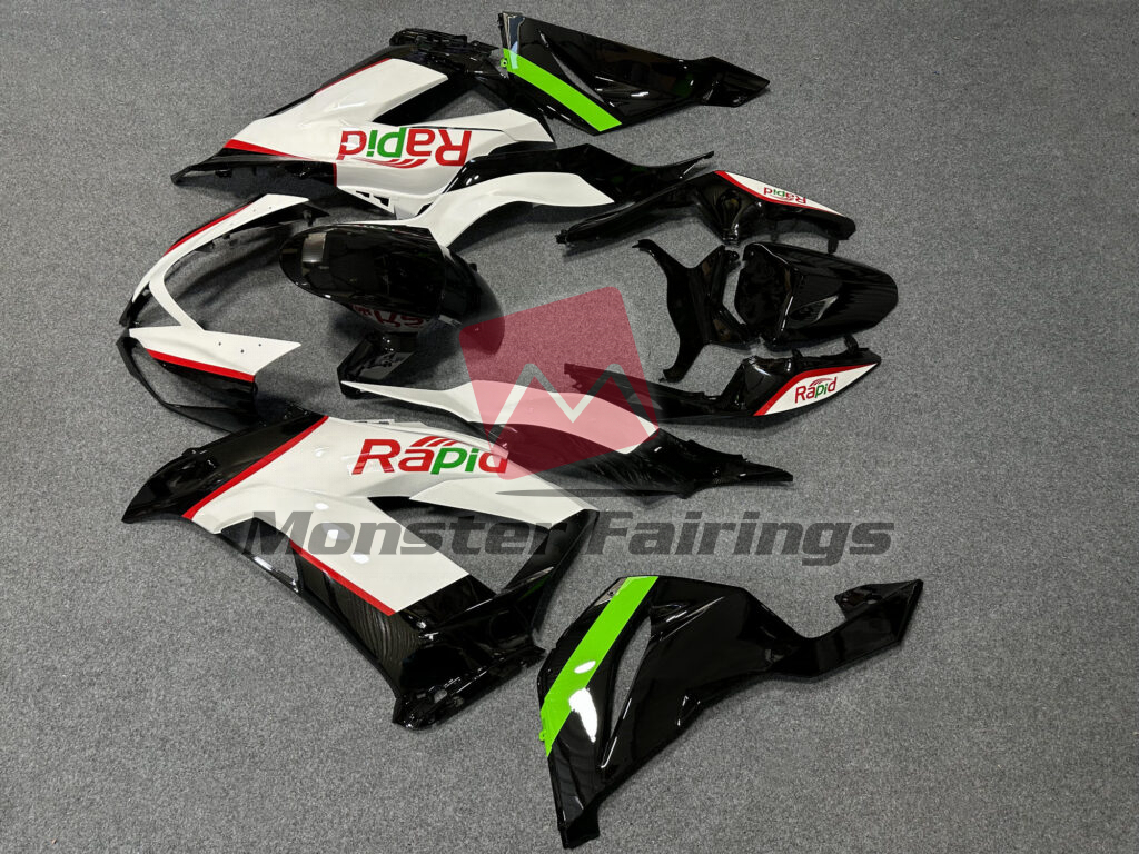 2013 - 2018 Kawasaki ZX6R Gloss Black & White with Red & Green Rapid fairing set - ABS injection, custom painted by Monster Fairings