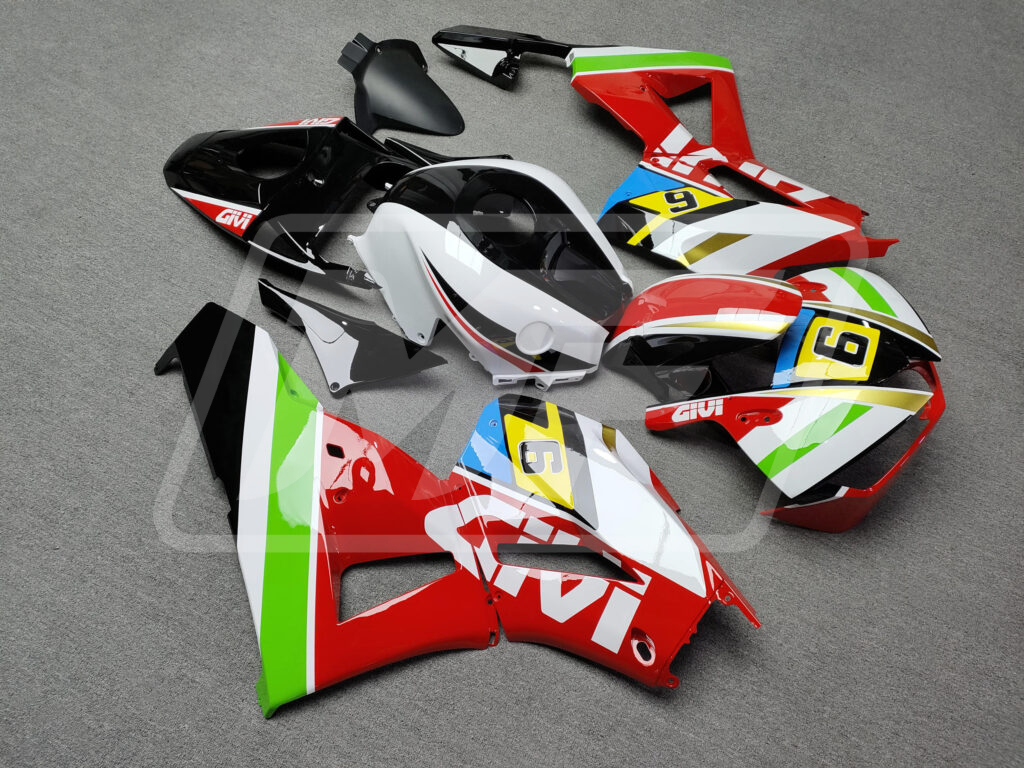 Honda CBR600RR custom ABS fairings 2013 - 2025 in Gloss White & Black with Red & Green Givi - durable replacement kit, Monster Fairings