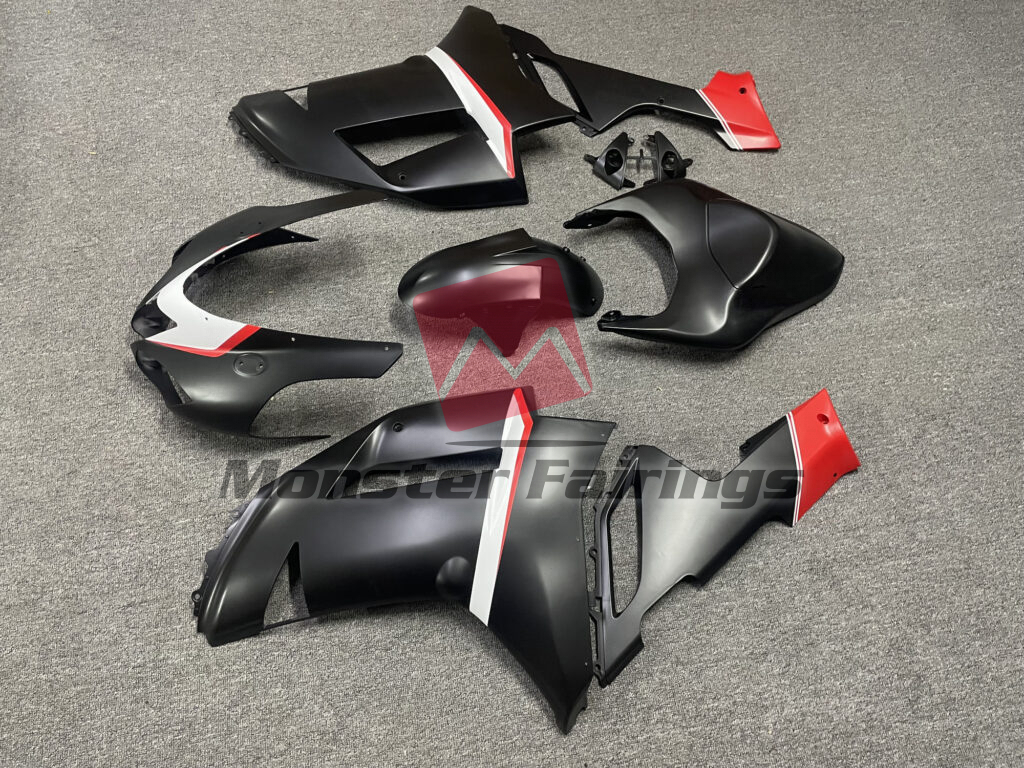 Kawasaki ZX6R custom ABS fairings 2007 - 2008 in Matte Black with White & Red - durable replacement kit, Monster Fairings