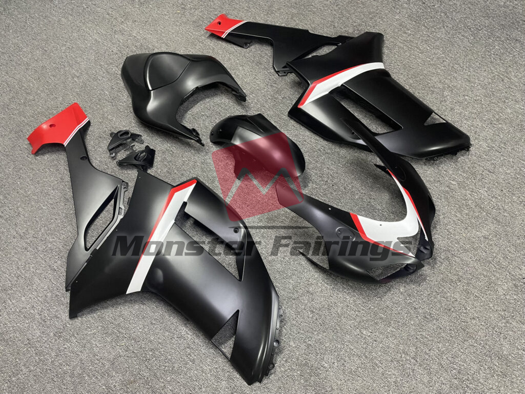 2007 - 2008 Kawasaki ZX6R Matte Black with White & Red fairing set - ABS injection, custom painted by Monster Fairings