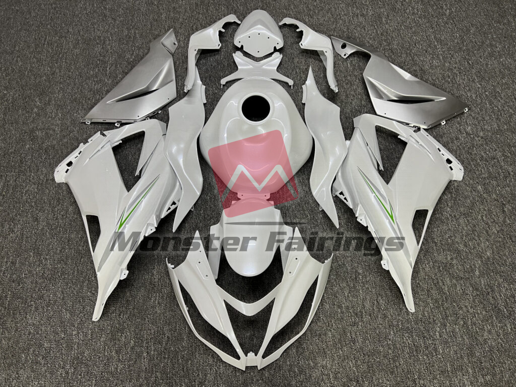 Kawasaki ZX6R 2013 - 2018 Pearl White with Silver & Green ABS fairings - custom motorcycle bodywork kit by Monster Fairings