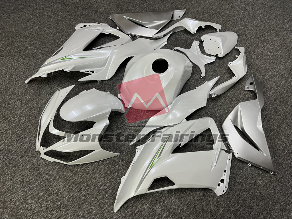 Pearl White with Silver & Green ABS fairings for Kawasaki ZX6R 2013 - 2018 - premium OEM fit kit by Monster Fairings