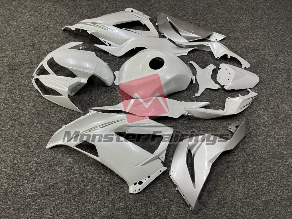 Kawasaki ZX6R custom ABS fairings 2013 - 2018 in Pearl White with Silver & Green - durable replacement kit, Monster Fairings
