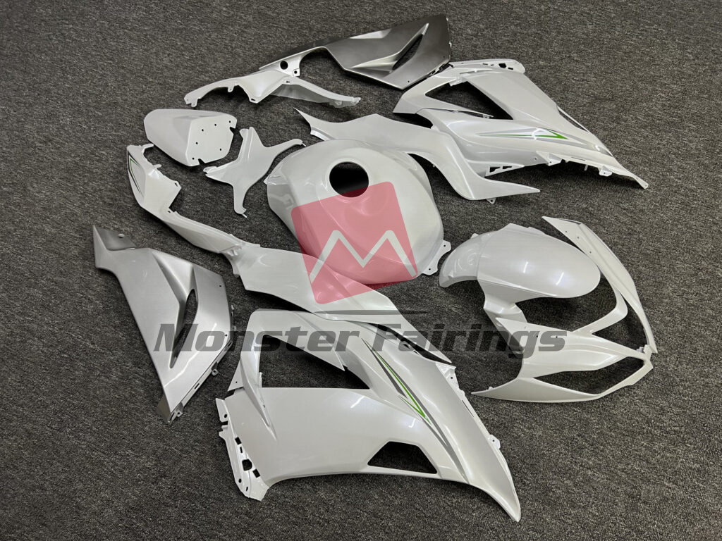 2013 - 2018 Kawasaki ZX6R Pearl White with Silver & Green fairing set - ABS injection, custom painted by Monster Fairings