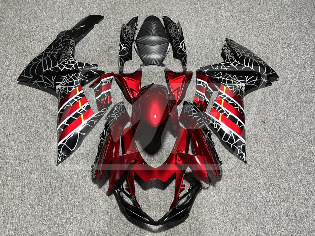 Suzuki GSXR 600 - 750 2011 - 2025 Gloss Black & Candy Red with White Spider Web ABS fairings - custom motorcycle bodywork kit by Monster Fairings